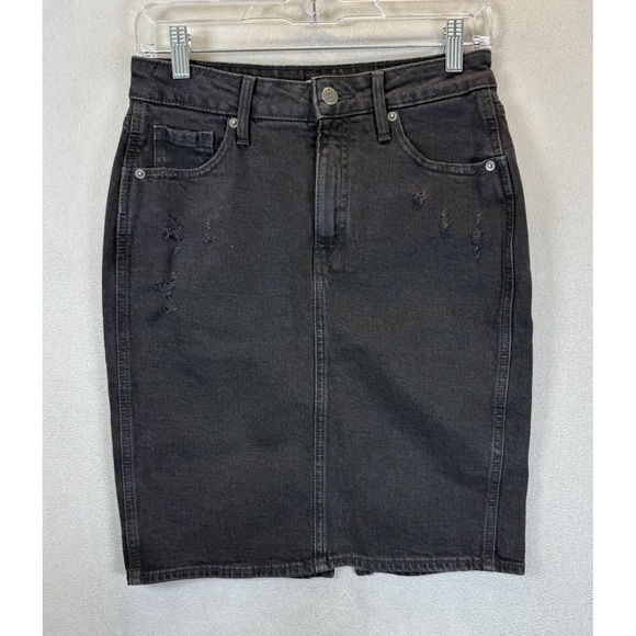 Old Navy Women's Sz 2 Distressed Washed Black Denim Slit‎ Back Pencil Skirt - Picture 1 of 8